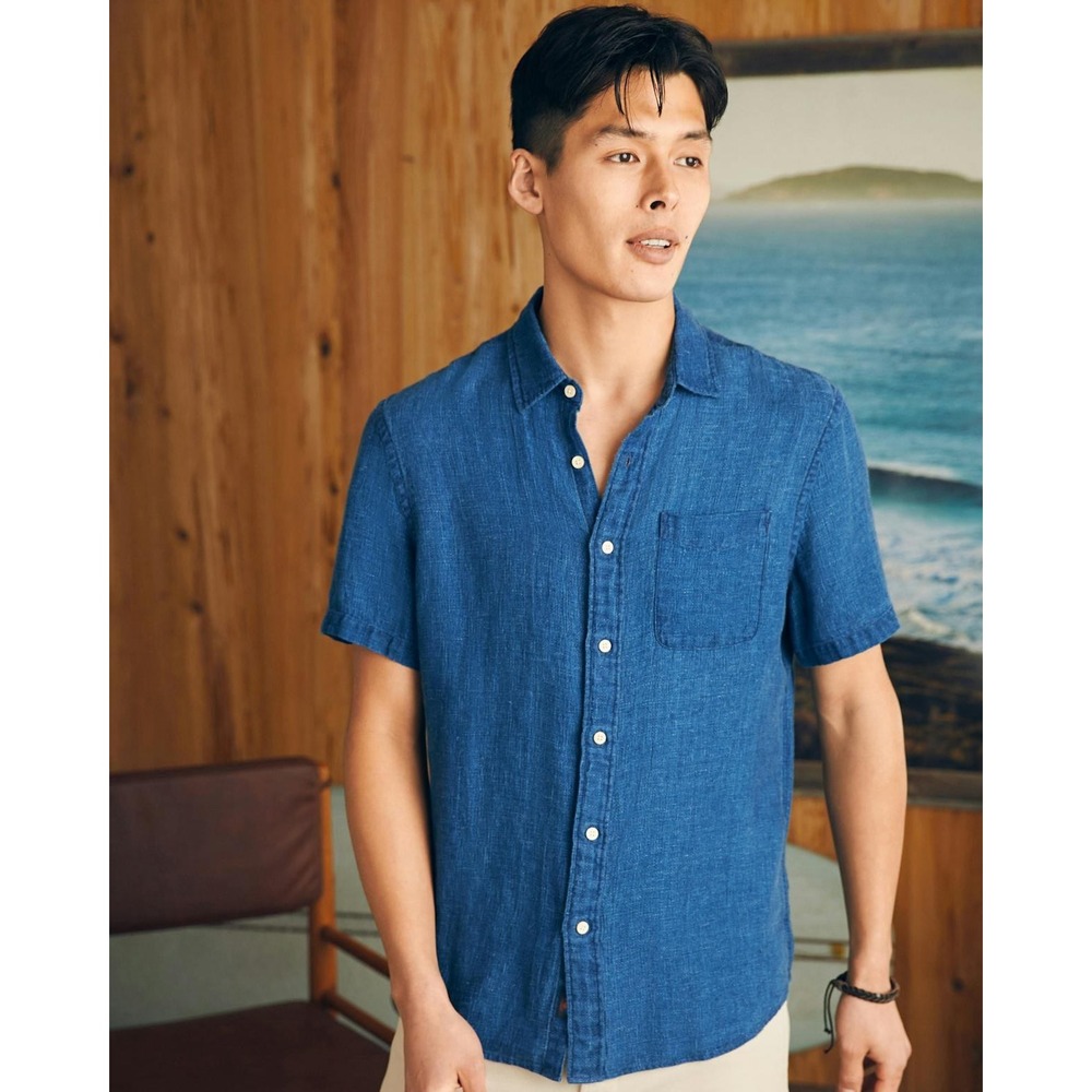 Faherty Brand Mens Indigo Dyed 100% Linen Short Sleeve Button Down Shirt Blue L